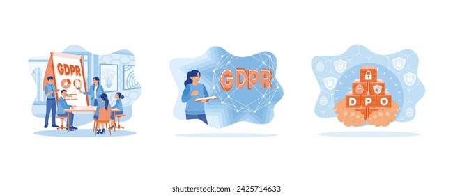 Business team holding meeting in office. Young woman working with information. Data Protection Officer ( DPO ). General rules for data protection gdpr concept. Set Flat vector illustration.