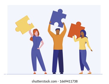 Equipo de negocios con elementos de rompecabezas. Personas conectando piezas de sierra plana de ilustración vectorial. Trabajo en equipo, trabajar juntos, concepto de unidad para banner, diseño de sitio web o página web de inicio