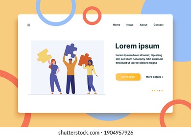 Business team holding puzzle elements. People connecting jigsaw pieces flat vector illustration. Teamwork, working together, unity concept for banner, website design or landing web page