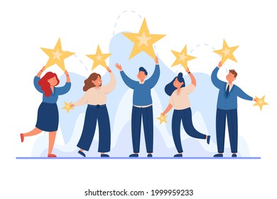 Business team holding stars in hands flat vector illustration. Happy adults satisfying with service isolated on blue background. Best experience, customers feedback, rating concept