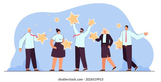 Business team holding stars in hands. Flat vector illustration. Adult people experiencing best rating from satisfied customers. Quality, review, business, teamwork, success, service concept