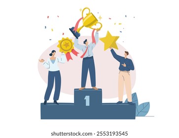 Equipe de negócios segurando troféus ficar no pódio, conceitos de equipe de sucesso, Ganhando prêmios de negócios, Successfully Achieve Reward, desempenho de equipe de negócios e ambição. Ilustração de vetor plano.
