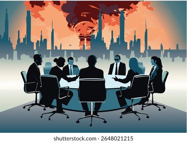 Business team holds a corporate meeting in a futuristic city while pollution and smoke rise in the background. Dramatic dystopian concept.
