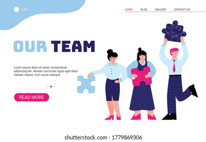 The business team holds the pieces of the puzzle in their hands. The concept of successful goal achievement, teamwork, and partnership. Vector landing page template.