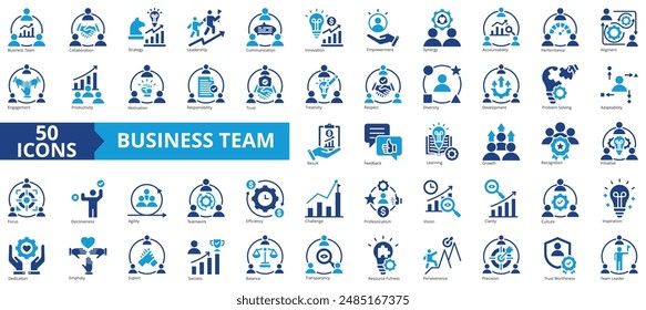 Business team icon collection set. Containing collaboration, strategy, leadership, communication, innovation, empowerment, synergy icon. Simple flat vector illustration.