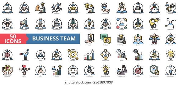 Business team icon collection set. Containing collaboration, strategy, leadership, communication, innovation, empowerment, synergy icon. Simple flat outline vector illustration