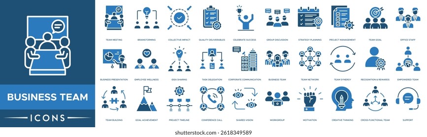 Business Team icon. Team Meeting, Brainstorming, Collective Impact, Quality Deliverables, Celebrate Success, Group Discussion and Strategy Planning