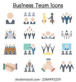 Business team icon set  in flat color style