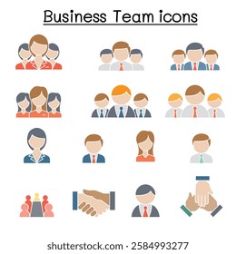 Business team icon set  in flat color style