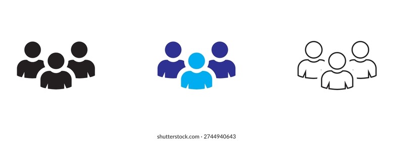 Business Team Icon Set in Multiple Styles. Group of business people icons in black, blue and outline styles, representing teamwork, corporate staff, leadership and professional collaboration.