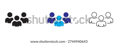 Business Team Icon Set in Multiple Styles. Group of business people icons in black, blue and outline styles, representing teamwork, corporate staff, leadership and professional collaboration.