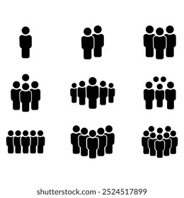 Business team icon vector set and group of people icons isolated on a white background. Crowd of people black silhouettes simple.