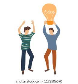 Business team idea. Cool vector illustration on group of young people celebrating abstract brainstorm result. two young businessmen jumping and cheering happily holding idea bulb.