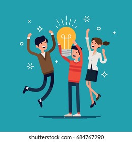 Business Team Idea. Cool Vector Illustration On Casually Clothed Group Of People Celebrating Abstract Brainstorm Result. Small Group Of People Jumping And Cheering Happily Holding Idea Bulb