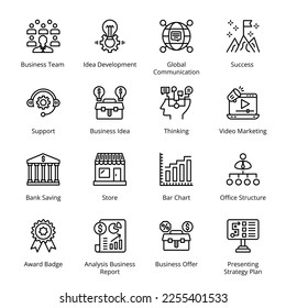 Business Team, Idea Development, Global Communication, Success, Bank Saving, Store, Bar Chart, Office Structure, Business Offer, Presenting Strategy Plan,  Outline Icons - Stroked, Vectors