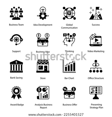 Business Team, Idea Development, Global Communication, Success, Bank Saving, Store, Bar Chart, Office Structure, Business Offer, Presenting Strategy Plan,  Glyph Icons - Solid, Vectors