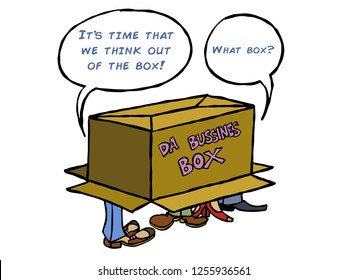 A business team inside the box trying to think out of the box. 