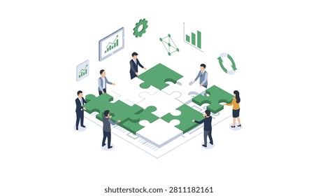 Business team in an isometric setting collaborating to assemble green puzzle pieces representing data analysis and project integration.