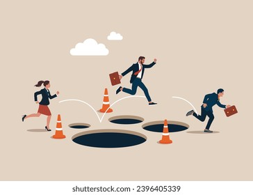 Business team jump pass many pitfalls to achieve business success. Flat vector illustration