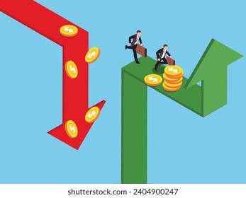 Business team jump from red pointing down arrow to green rising up isometric 3d vector concept