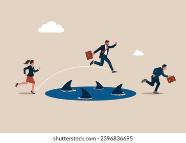 Business team jump through group of circling sharks in the sea, to achieve business success. Avoid pitfall, adversity and  business failure. Flat vector illustration