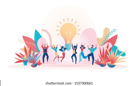 Business team are jumping with happiness. Metaphor of team idea. Group victory concept. Vector flat illustration. A bright lamp lit up like a symbol of an idea.