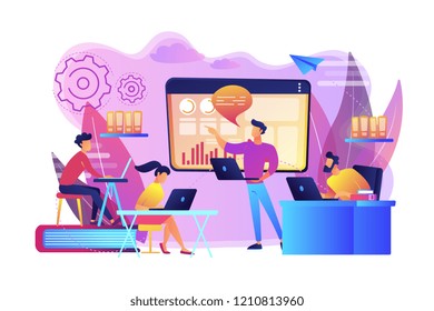 Business team with laptops look at digital presentation with charts. Digital presentation, office online meeting, visual data representation concept. Bright vibrant violet vector isolated illustration