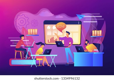 Business team with laptops look at digital presentation with charts. Digital presentation, office online meeting, visual data representation concept. Bright vibrant violet vector isolated illustration