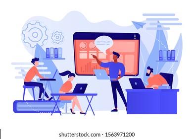 Business team with laptops look at digital presentation with charts. Digital presentation, office online meeting, visual data representation concept. Pinkish coral bluevector isolated illustration