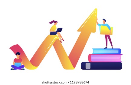 Business Team With Laptops Sitting On Big Growth Arrow Vector Illustration. Successful Career And Student, Business Development And Finance, Increase And Cowork Concept. Isolated On White Background.