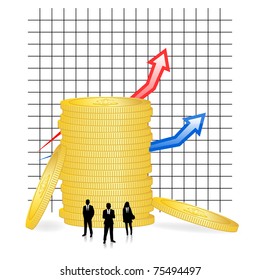 Business team and large coins with progress on the graph in the background