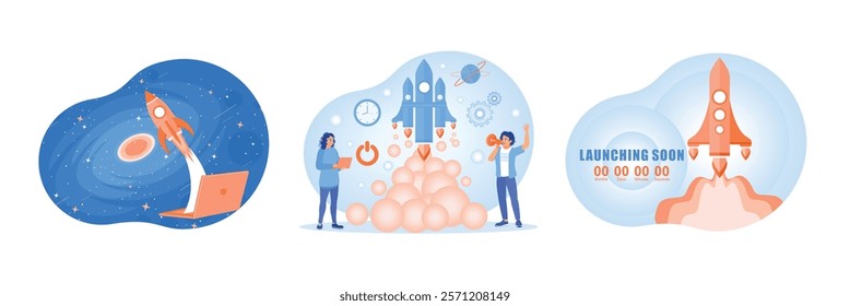 Business team launches startup business. Teamwork, business innovation, and project management. Symbolizes innovation, technology, and business achievements. Startup launch concept.