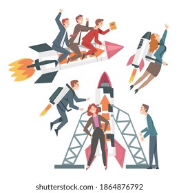 Business-Team startet Space Rocket und fliegt in den Himmel, Führung, Wettbewerbsvorteil, Cartoon-Style-Vektorgrafik des erfolgreichen Startup-Business-Konzepts
