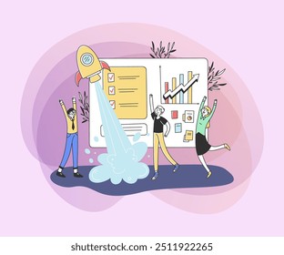 Equipe de negócios lançando a ilustração vetor plana de inicialização. Os funcionários estão felizes com o lançamento de uma nova ideia para a empresa. Iniciar projeto, empreendedorismo e conceito de desenvolvimento de negócios.