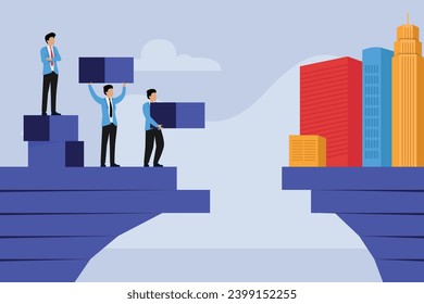 Business team and leader build bridge over gap together 2d vector illustration