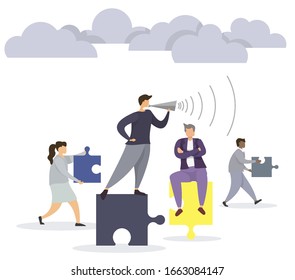 Business Team leader concept, puzzle metaphor. People connecting puzzle elements. Flat illustration teamwork, heterosexual cooperation, partnership
