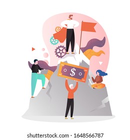 Business team leader and flag standing on the top of mountain, vector illustration. Leadership, teamwork concept for web banner, website page etc.