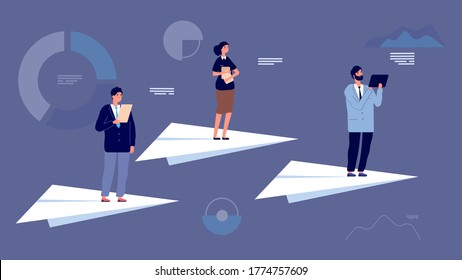 Business team leader. People on paper planes flying among economic charts. Startup project, financial managers or entrepreneurs vector characters