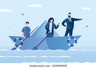 Business Team With Leader Sailing On Paper Boat In Ocean Of Opportunities To Goals. Businesspeople In The Suits On Origami Paper Ship. Idea Of Teamwork And Leadership. Flat Vector Illustration