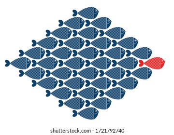 Business team leader vector concept shown with cartoon fishes and leading one is different color, teamwork or social leader.