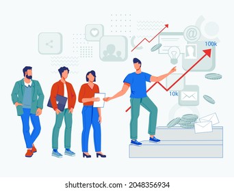 Business team led by leader to success. Concept of career or corporate leadership, teamwork and teambuilding. Business anti crisis management, analytics and consult agency, flat vector illustration.