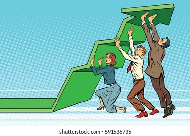 Business Team Lift Up Growth Chart. Pop Art Retro Vector Illustration. The Joint Work. Success Rate