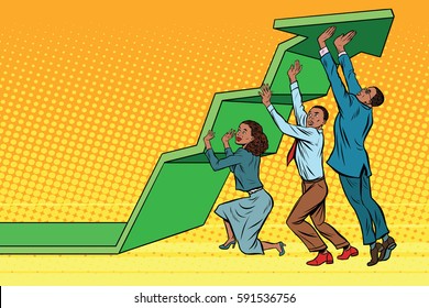 Business team lift up growth chart. Pop art retro vector illustration. The joint work. Success rate. African American people