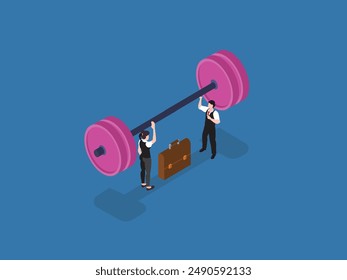 Business team lifting dumbbell together - teamwork 3d isometric vector