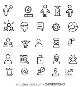 Business Team - line vector icon set. Pixel perfect. Editable stroke. The set includes a Organized Group, Group Of People, Team, Coworkers, Diversity, Team Building, Handshake, Jigsaw Piece, Meeting, 