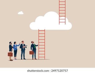 El equipo de negocios busca una escalera hacia la nube. Escalera de éxito para la oportunidad de negocio. Ilustración vectorial plana Corporativa de éxito.