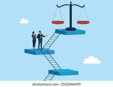 Business team look up a ladder to justice scale. Weight scales justice. Civil rights. Law and justice. Vector illustration flat style. 