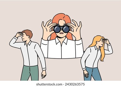 Business team is looking in different directions in search of new opportunities to attract customers. Business people use binoculars to search for information that helps develop corporation.