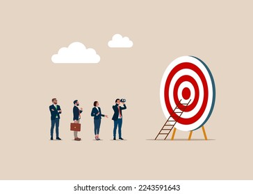 Equipo de negocios buscando и prepararse para el gol. Crecimiento profesional. Ilustración vectorial plana