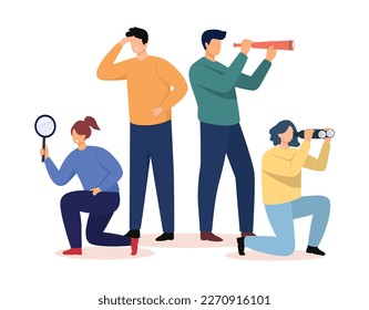 Business team looking for new people. Concept of searching for opportunities, decisions, new business ideas or staff. Vector illustration.